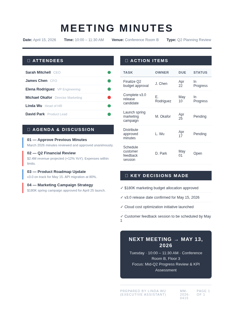 Dual column split meeting minutes